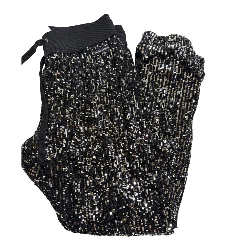 Calvin Klein Jeans Womens Black Silver Sequin Jogger Pants Size Small Holiday